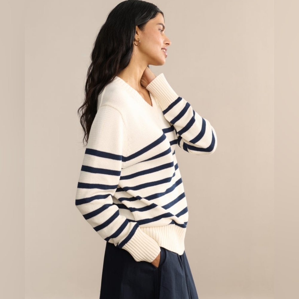 NWOT Jenni Kayne Cotton Kate V-Neck Sweater Ivory Navy Stripe XS-S Oversized - Picture 8 of 10